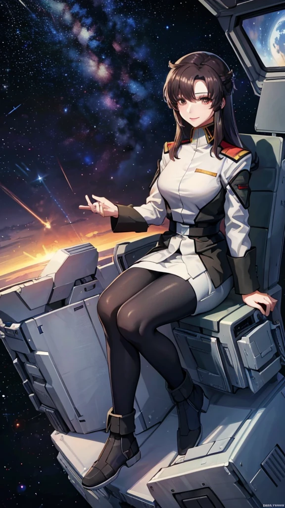 masterpiece, best quality, High resolution, Calm 1, 1 girl, alone, (Black_pantyhose:1.1), army uniform, army, cosmetics, White shirt, White Skirt, tight skirt, sitting, Upper Body, cockpit, space, Smile