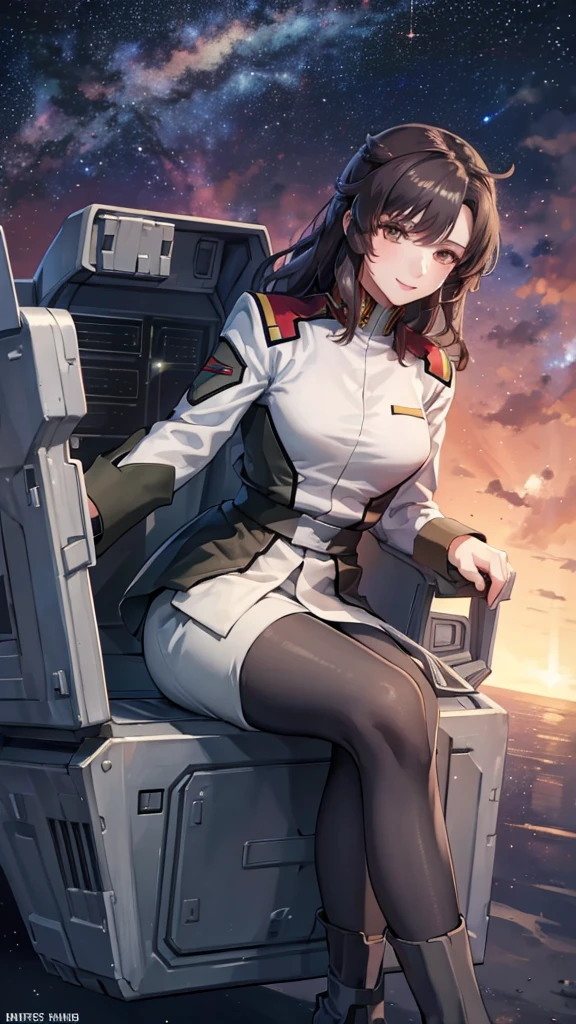masterpiece, best quality, High resolution, Calm 1, 1 girl, alone, (Black_pantyhose:1.1), army uniform, army, cosmetics, White shirt, White Skirt, tight skirt, sitting, Upper Body, cockpit, space, Smile