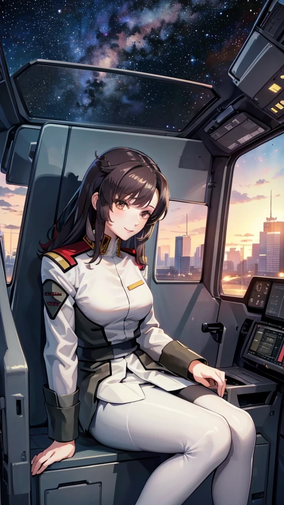 masterpiece, best quality, High resolution, Calm 1, 1 girl, alone, (Black_pantyhose:1.1), army uniform, army, cosmetics, White shirt,  White Skirt, tight skirt, sitting, Upper Body, cockpit, space, Smile