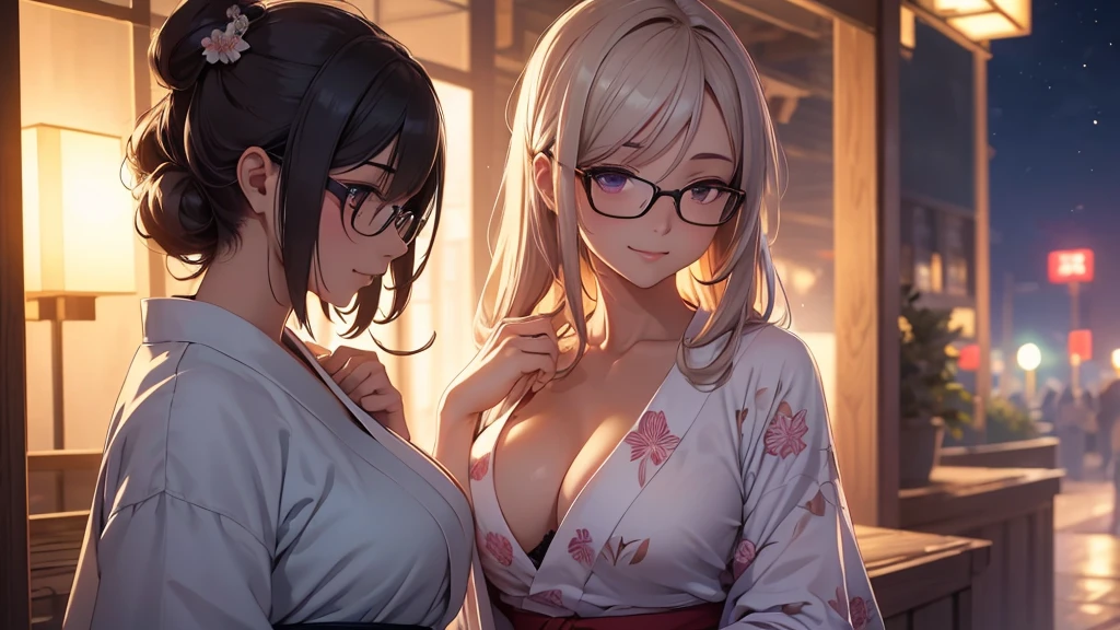 1 girl, stand body, glasses, ideal breasts, unbuttoned loose yukata, loose hair, smile, face blush, night light, detailed anime face, beautiful eyes, detailed hand, long eyelashes, detailed lips, detailed skin, intricate details, elegant, beautiful lighting, cooled colors, cinematic, soft focus, masterpiece, 8k, ultra-detailed, (best quality, 4k, 8k, highres, masterpiece:1.2), ultra-detailed