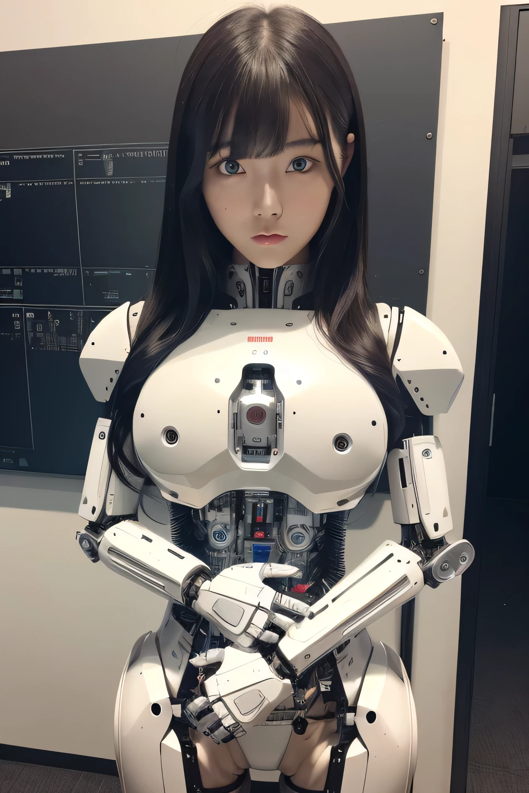 masterpiece, best quality, extremely detailed, Japaese android girl,Plump , hug,control panels,android,Droid,Mechanical Hand, Robot arms and legs, Black hair,Blunt bangs,perfect robot girl,long tube,thick cable connected her neck,android,robot,humanoid,cyborg,japanese cyborg girl ,robot-assembly plant,She is assembled now,assembly scene,chest monitor,blue eyes