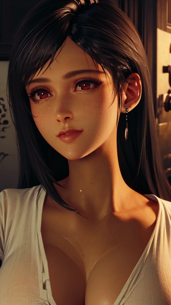 a woman in a white Yshirt, unbuttoned, wet and seethroughed, delicate facial features, beautiful detailed eyes, beautiful detailed lips, extremely detailed eyes and face, long eyelashes, cinematic lighting, dramatic colors, intricate details, photorealistic, 8k, highly detailed, masterpiece, portrait
