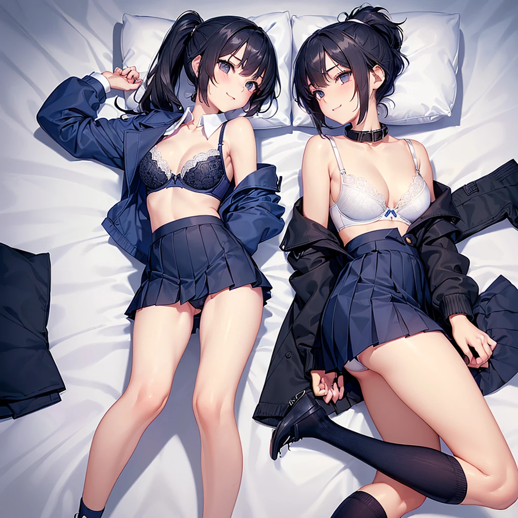 ((Highest quality)), ((masterpiece)), (detailed), (((Perfect Face))), ((A slim )), (((A girl wearing a short, tight navy blue jacket, White button-up shirt))), (((Dark blue pleated skirt))), ((Black Hair)), ((Black slanted eyes)), ((ponytail)), (((Are thin))),(((A shy smile))), ((Thin thighs)), ((Thin Hips)), (((girl looking away))), (((Teenage studentssuits))), (((Empty Collar))), (((Bare thighs))), (((Wear sneakers)))、{{{Back view}}}, (((Flip up the skirt)))、(((Showing panties)))、(((Turn your butt))),(((Body pillow))), (((Tuck up your shirt))),(((Showing off your bra))),