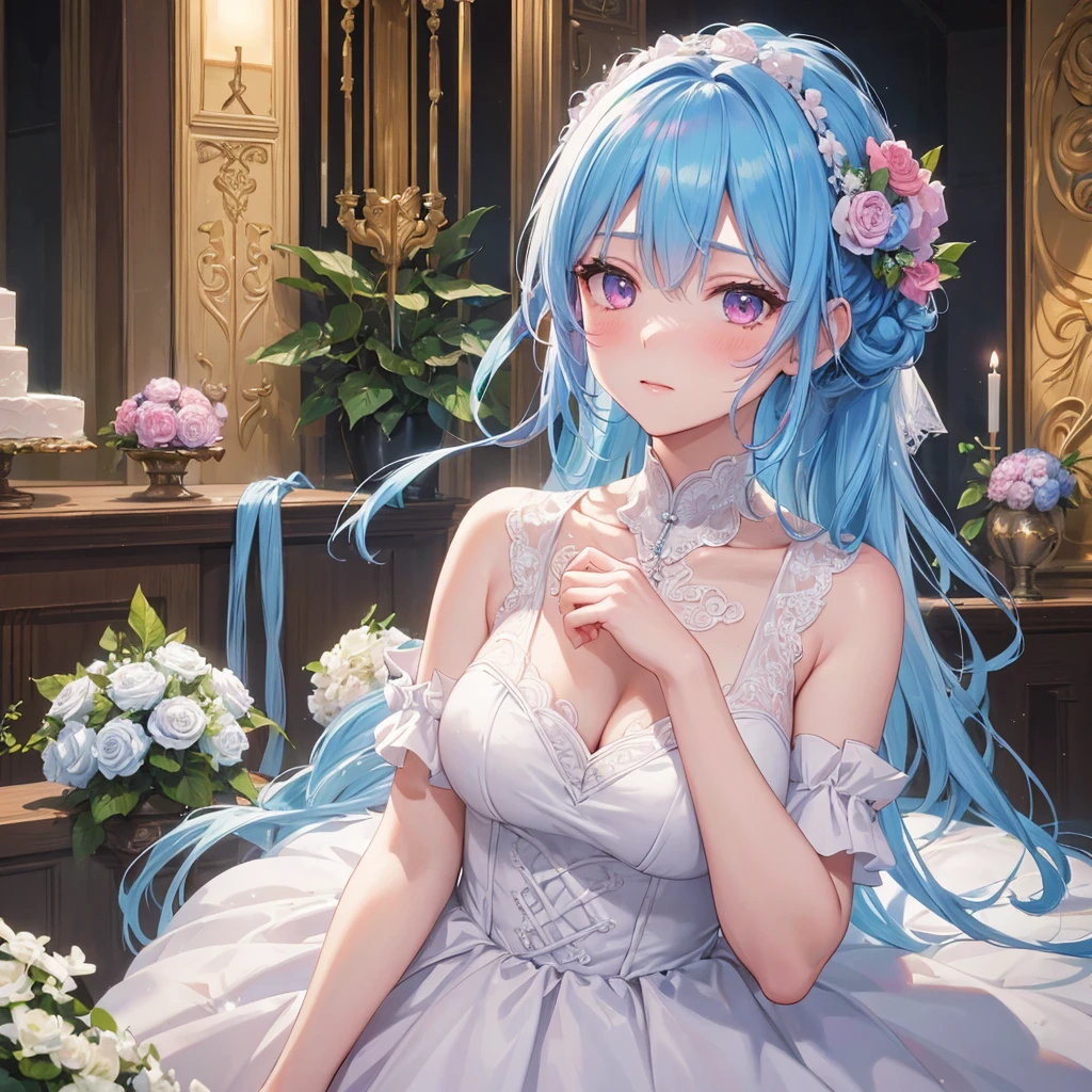 Sky blue hair, (Braided Ponytail),(Pink Eyes),Fair skin ,(whole body),(1 Girl),bride,blush,Straight bangs, 6月のbride,Wedding dress,(masterpiece, Highest quality, Very detailed, Best Shadow), (Detailed Background), (Beautifully detailed face), High Contrast, (Best lighting, Very delicate and beautiful), ((Cinematic Light)), colorful, Hyper Detail, Dramatic Light, Intricate details,Wedding hall,hydrangea