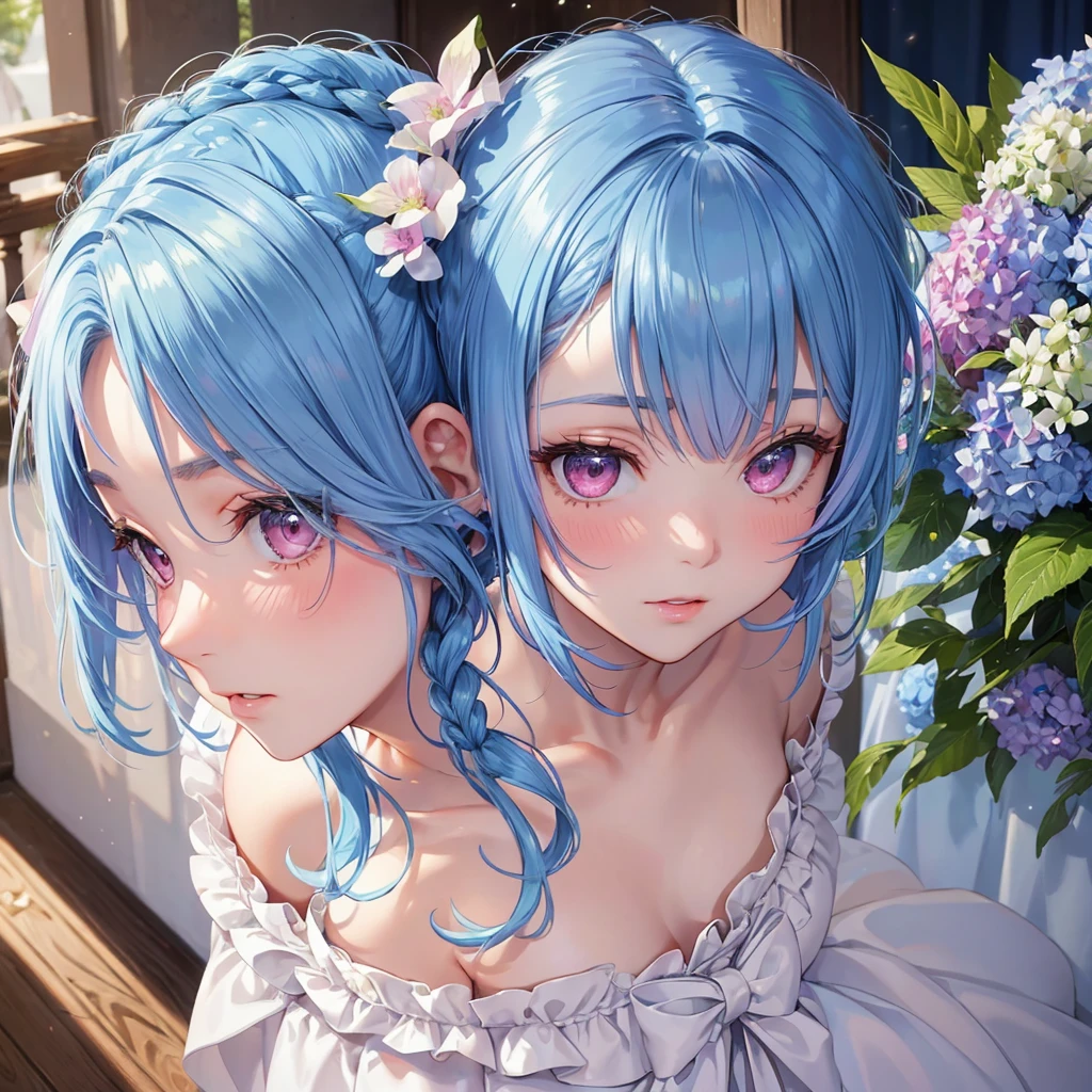 Sky blue hair, (Braided Ponytail),(Pink Eyes),Fair skin ,(whole body),(1 Girl),bride,blush,Straight bangs, 6月のbride,Wedding dress,(masterpiece, Highest quality, Very detailed, Best Shadow), (Detailed Background), (Beautifully detailed face), High Contrast, (Best lighting, Very delicate and beautiful), ((Cinematic Light)), colorful, Hyper Detail, Dramatic Light, Intricate details,Wedding hall,hydrangea