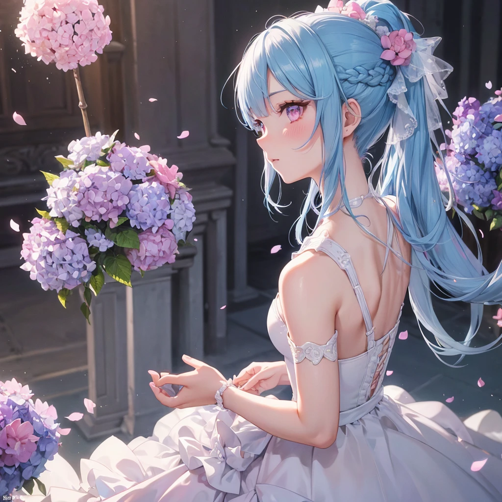 Sky blue hair, (Braided Ponytail),(Pink Eyes),Fair skin ,(whole body),(1 Girl),bride,blush,Straight bangs, 6月のbride,Wedding dress,(masterpiece, Highest quality, Very detailed, Best Shadow), (Detailed Background), (Beautifully detailed face), High Contrast, (Best lighting, Very delicate and beautiful), ((Cinematic Light)), colorful, Hyper Detail, Dramatic Light, Intricate details,Wedding hall,hydrangea