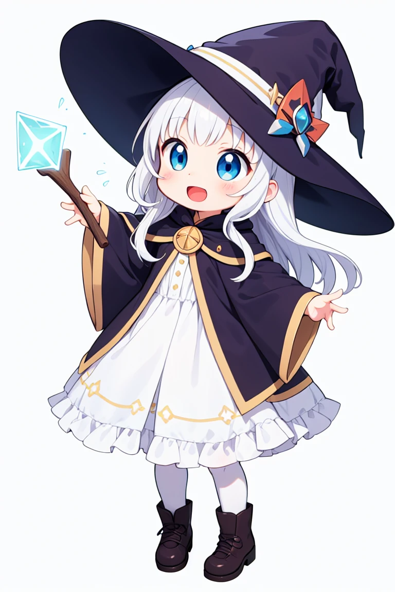 chibi, flat color, solo, full body, ((five fingers)), cute, (highest quality), blue eye, long hair, white hair, wavy hair, white wizard frilled dress, witch hat, Beam with laughter, open mouth, looks fun, ((white background)), (masterpiece)