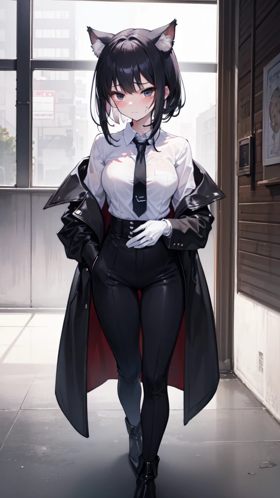 18-year-old girl,cute,Wear a white long-sleeved shirt and a black jacket and a black work tie,Wear black trousers,Wear black booties,Wear white gloves,wear cat ear,Wearing a collar,Black hair,Black eyes,Very thin waist,Very thin legs,Handsome,Disdainful and cold expression,shy,blush,scared,Sweating,tired,Outflow semen,Is giving sexual assault,crying,porn action