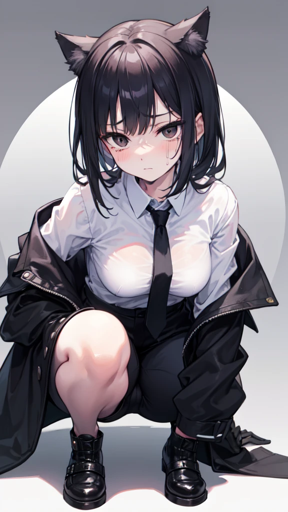 18-year-old girl，cute，Wear a white long-sleeved shirt and a black jacket and a black work tie，Wear black trousers，Wear black booties，Wear white gloves，wear cat ear，Wearing a collar，Black hair，Black eyes，Very thin waist，Very thin legs，Handsome，Disdainful and cold expression，shy，blush，scared，Sweating，tired，Outflow semen，Is giving sexual assault，crying，porn action