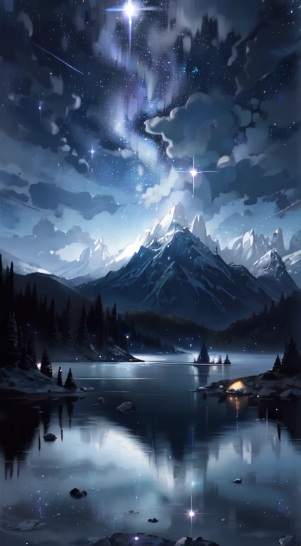 Starry sky with mountains and lake, Jessica Rosier, Inspired by Jessica Rosier, Jessica Rosier Fantasy Art, Concept Art Magic Highlights, Official artwork, Dream painting, Ethereal Plane, Atmospheric artwork, Dreamy Matte Paintings, Inspired by Ted Nasmith、Calm and infinite stars々, Moonlight and starry sky environment, Epic music album covers.