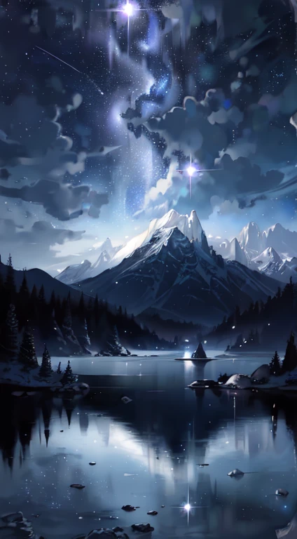 Starry sky with mountains and lake, Jessica Rosier, Inspired by Jessica Rosier, Jessica Rosier Fantasy Art, Concept Art Magic Highlights, Official artwork, Dream painting, Ethereal Plane, Atmospheric artwork, Dreamy Matte Paintings, Inspired by Ted Nasmith、Calm and infinite stars々, Moonlight and starry sky environment, Epic music album covers.