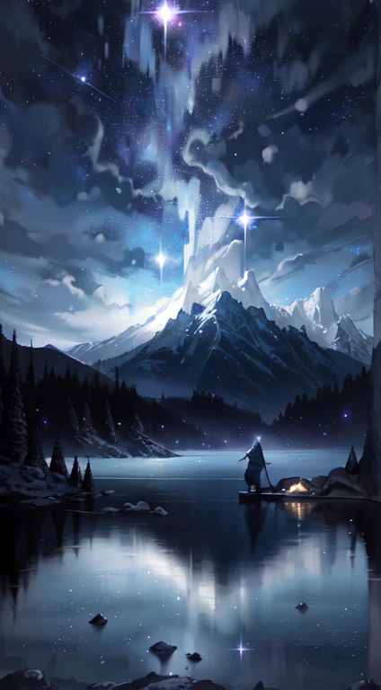 Starry sky with mountains and lake, Jessica Rosier, Inspired by Jessica Rosier, Jessica Rosier Fantasy Art, Concept Art Magic Highlights, Official artwork, Dream painting, Ethereal Plane, Atmospheric artwork, Dreamy Matte Paintings, Inspired by Ted Nasmith、Calm and infinite stars々, Moonlight and starry sky environment, Epic music album covers.