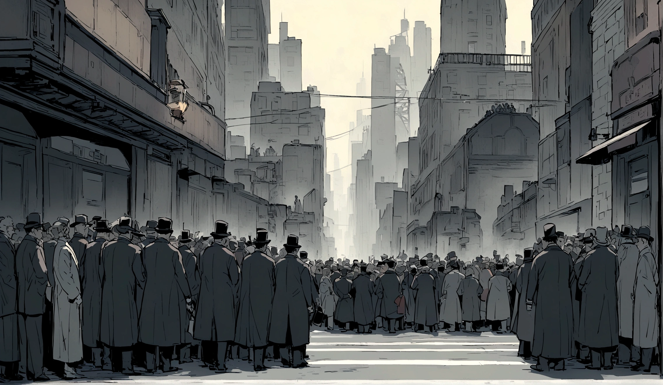 Scene heading to Tesla and Edison's company arriving at New York Harbor. Crowded streets in New York, And Tesla standing in front of the Edison company