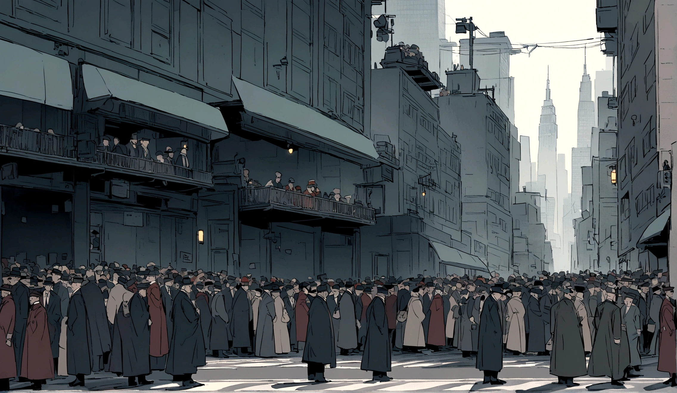 Scene heading to Tesla and Edison's company arriving at New York Harbor. Crowded streets in New York, And Tesla standing in front of the Edison company
