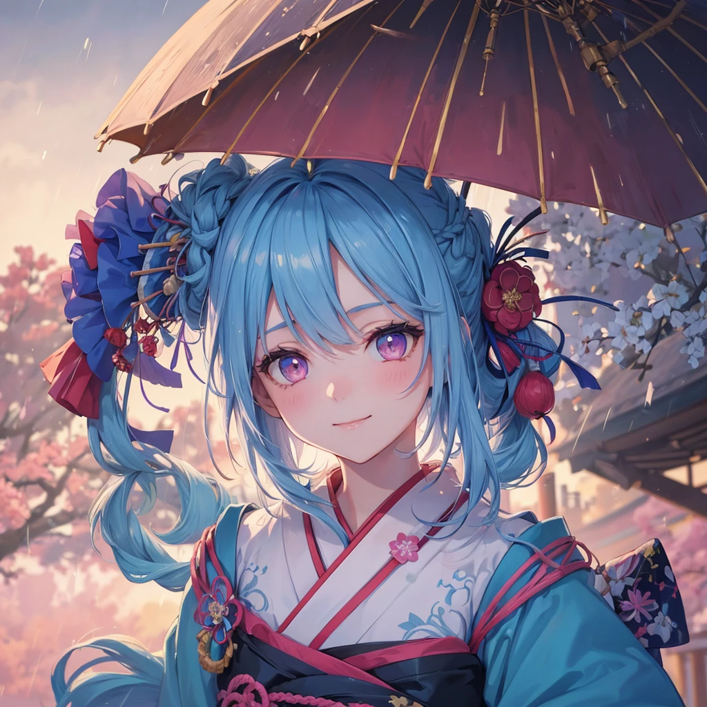 Sky blue hair, (Braided Ponytail),(Pink Eyes),Fair skin ,(whole body),(1 Girl),smile,Straight bangs,(masterpiece, Highest quality, Very detailed, Best Shadow), (Detailed Background), (Beautifully detailed face), High Contrast, (Best lighting, Very delicate and beautiful), ((Cinematic Light)), colorful, Hyper Detail, Dramatic Light, Intricate details,Rain showers,Kyoto,Japanese Umbrella,kimono,