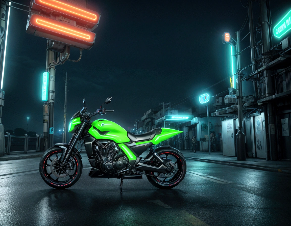 Create a print with a futuristic motorcycle, styled with smooth lines and technological details, on a neon road