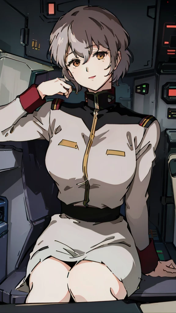 masterpiece, best quality, High resolution, Calm 1, 1 girl, alone, (Black_Stockings:1.1), army uniform, army, cosmetics, White shirt,  White Skirt, tight skirt, sitting, Upper Body, cockpit, space, Smile，Large Breasts，Sexy，brown hair