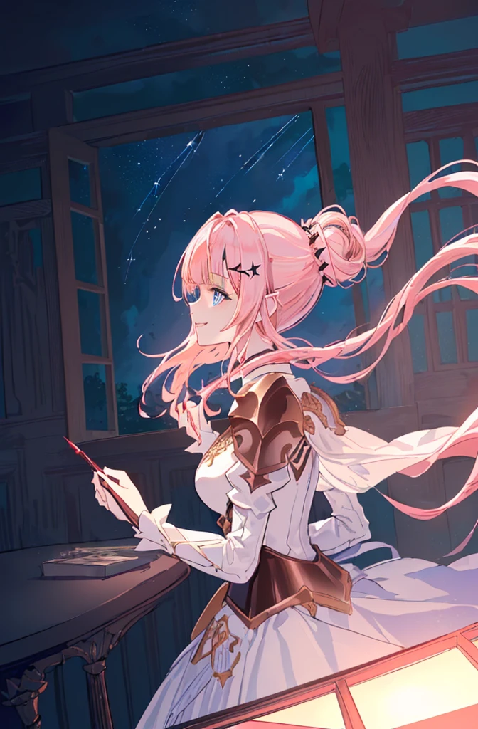 [(conversation room Background:1.4)::5],Original,(Illustration:1.1),(Best Quality),(masutepiece:1.1),(the Extremely Detailed CG Unity 8K Wallpapers:1.1), (Colorful:0.9),(mid-shot:0.95),(very detailed beautiful upper body),Dynamic Angle,(Solo:1.2), (girl),(((Adult))), (Detailed beautiful eyes:1.15), (Beautiful face:1.15), (glowing sky blue eyes:1.25////),(jewely eyes),(pink medium hair),(Blunt bangs),(half updo),(Red Star Hairpin),(+perfect hand+:1.21),(Draw an illustration of a fantasy girl),(Religious),(Wearing fantasy knight clothes),(white knight),(Contempt and contempt),Furious,(Beautiful Slender Girl),((Adult)),((furious laugh)),((evil smile)),((upper body)),((windows in her behind)),(((in the conversation room))),
