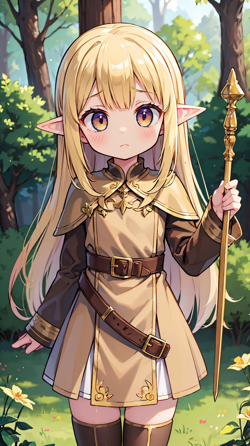 Masterpiece, Best Quality, high resolution, (****), girl, elf, small busts, worn brown tunic, has a spear, shy face, he is afraid, is in the forest, she has golden eyes, blond hair