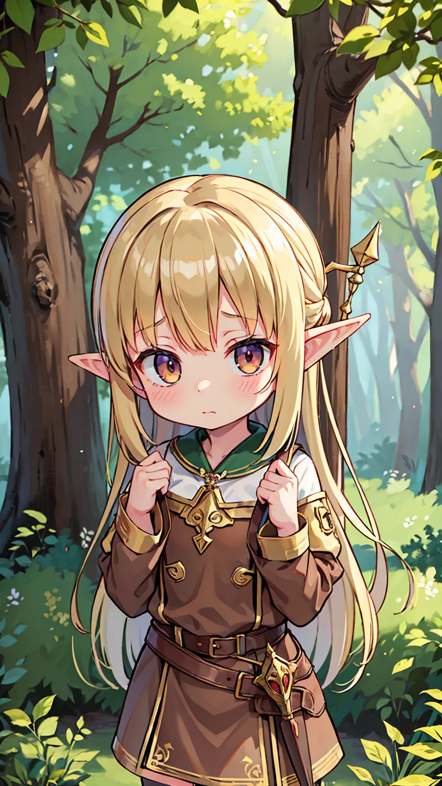 Masterpiece, Best Quality, high resolution, (****), girl, elf, small busts, worn brown tunic, has a spear, shy face, he is afraid, is in the forest, she has golden eyes, blond hair