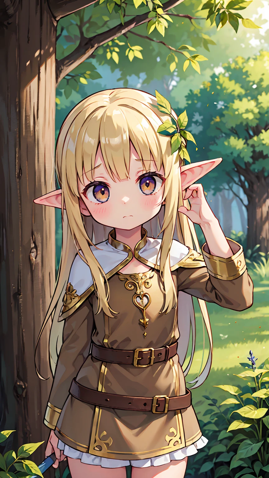 Masterpiece, Best Quality, high resolution, (****), girl, elf, small busts, worn brown tunic, has a spear, shy face, he is afraid, is in the forest, she has golden eyes, blond hair