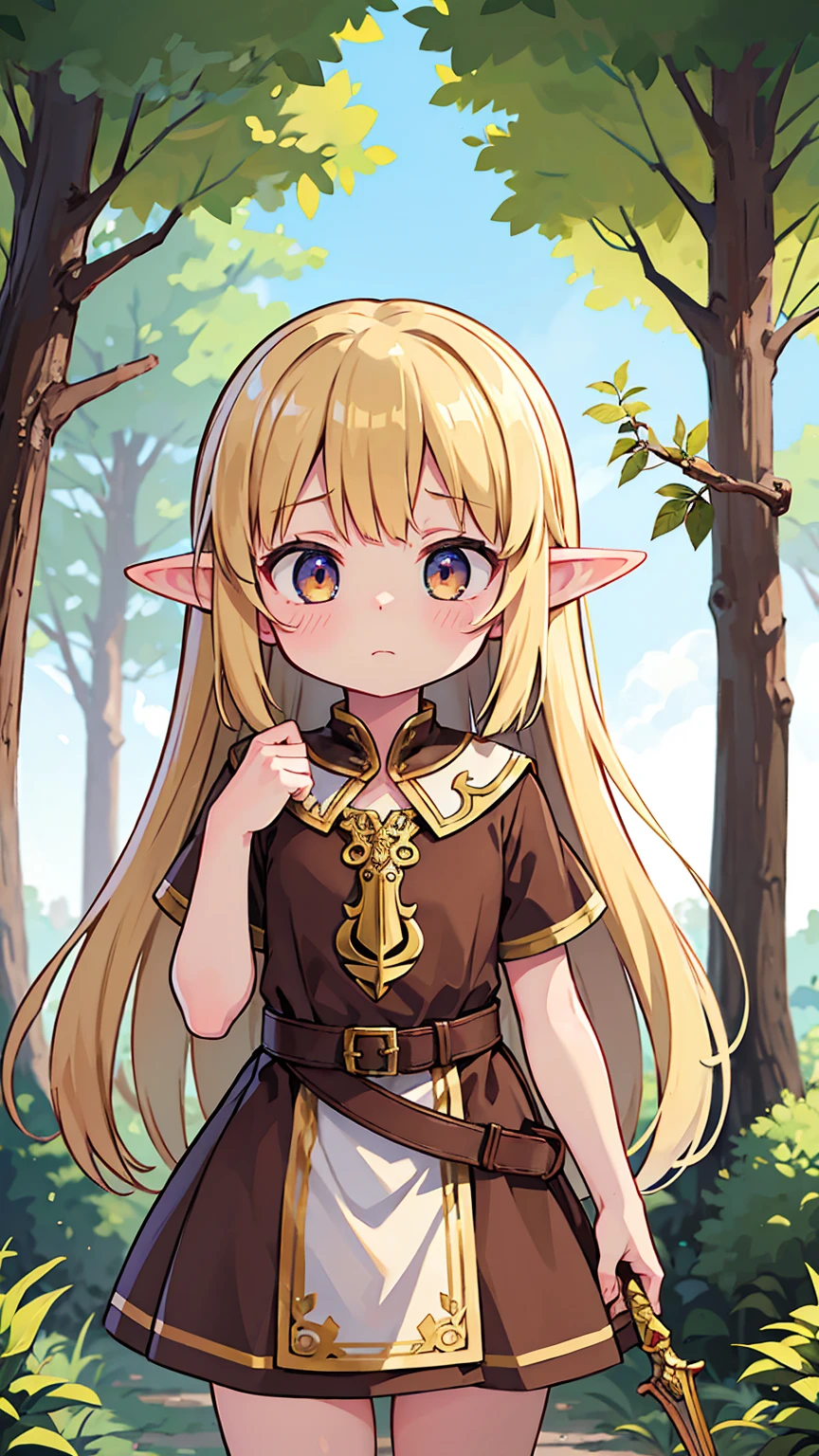 Masterpiece, Best Quality, high resolution, (****), girl, elf, small busts, worn brown tunic, has a spear, shy face, he is afraid, is in the forest, she has golden eyes, blond hair