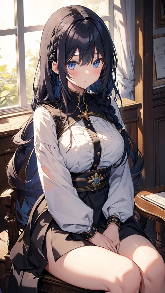 best quality,extremely detailed,anime style,1girl,Long hair down to the waist,straight hair,Dark black hair with bluish,Braid on top of the head,beautiful detailed eyes,pinched eyes,dark blue eyes,huge breasts,intelligent, cross-legged, white base clothing, Fluttering and mysterious clothes,hair ornament,Princess Room,((Sunlight shines in)),summer