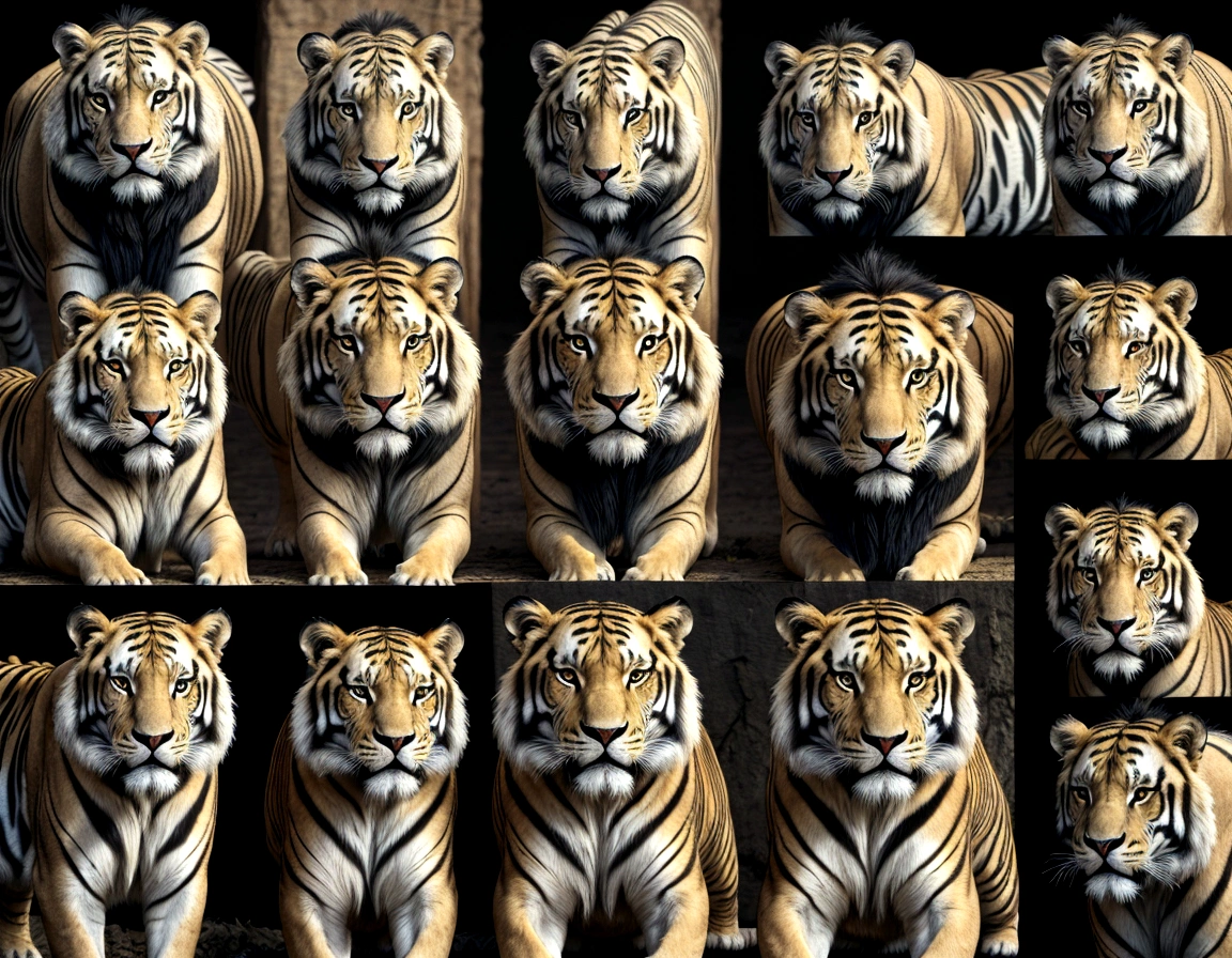 Design a shirt print with a collage of wild animals, like lions, tigers, elephants and eagles, in a realistic artistic style