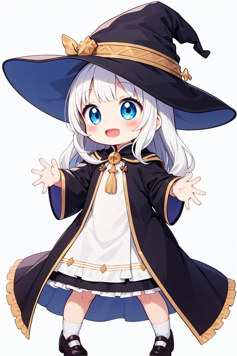 chibi, flat color, solo, full body, ((five fingers)), cute, (highest quality), blue eye, long hair, white hair, wavy hair, white wizard frilled dress, witch hat, Beam with laughter, open mouth, looks fun, ((white background)), (masterpiece)