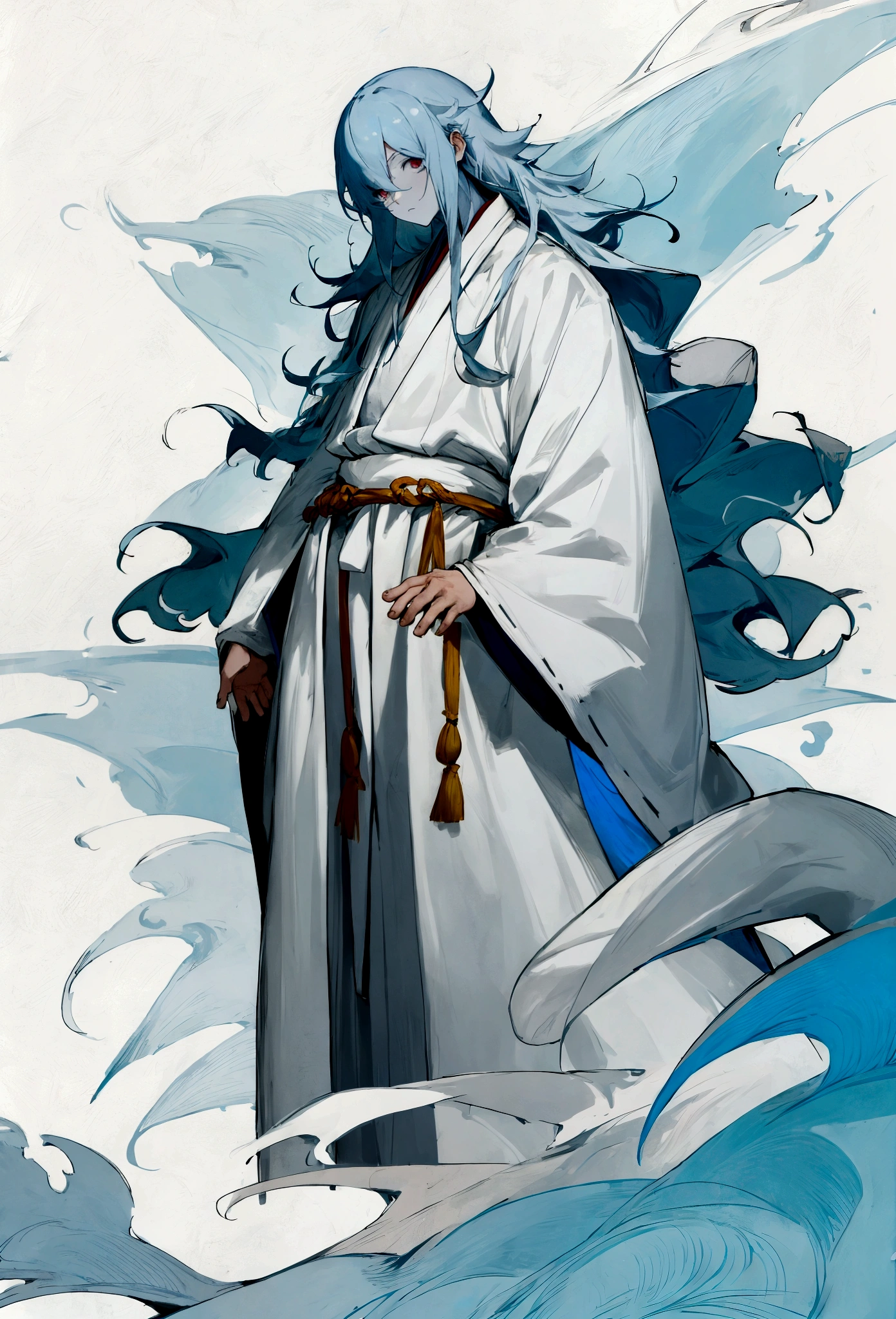 full-length, guy of medium height, naive look, white robe, bluish skin tone, disheveled hair