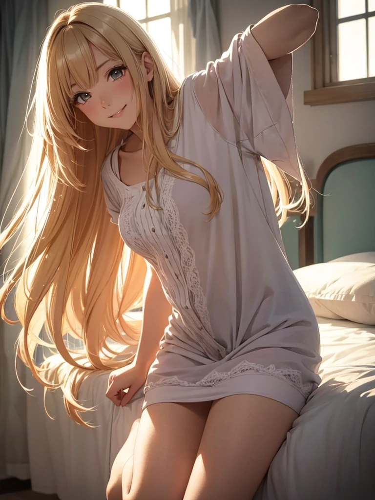 beautiful young woman, anime style, detailed face, wearing a cute morning outfit, stretching and smiling, morning light filtering through the window, cozy bedroom, fresh and bright atmosphere, long flowing hair, high detail, 8k resolution, cinematic lighting, best quality, realistic fabric textures, gentle shadows, pastel color palette, Instagrammable, cheerful and energetic, aesthetic, warm and soft lighting