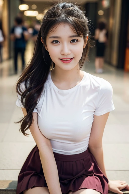 (a beautiful lady, age 22, tight white T-shirt and pink pleated mini-skirt, posing in mall, alluring lips, dimpled smile, friendly expression, cute snaggle-tooth, short ponytail hairstyle, beautiful detailed face, beautiful detailed eyes, ample round bosom, photorealistic, hyper-realism, high contrast, ultra HD, realistic skin textures, top image quality, top-quality, super high resolution, fine details, very meticulously, masterpiece, head to thighs, the Cowboy shot, romantic atmosphere, bokeh background)