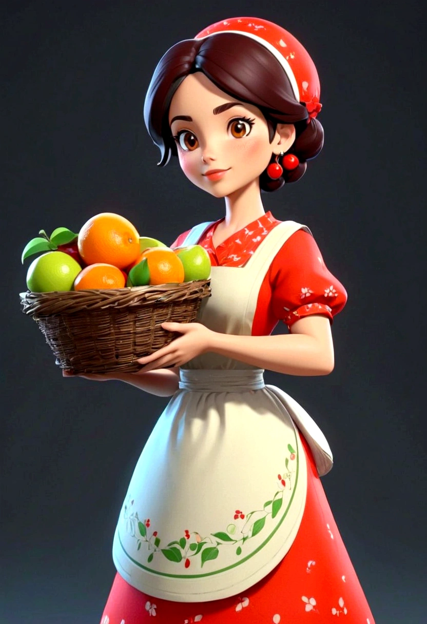 Cartoon character of a Brazilian woman, Holding a basket of fruit, com avental