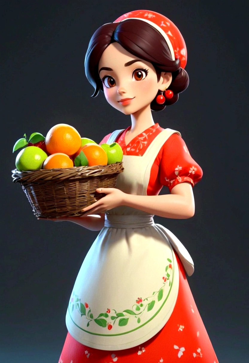 Cartoon character of a Brazilian woman, Holding a basket of fruit, com avental