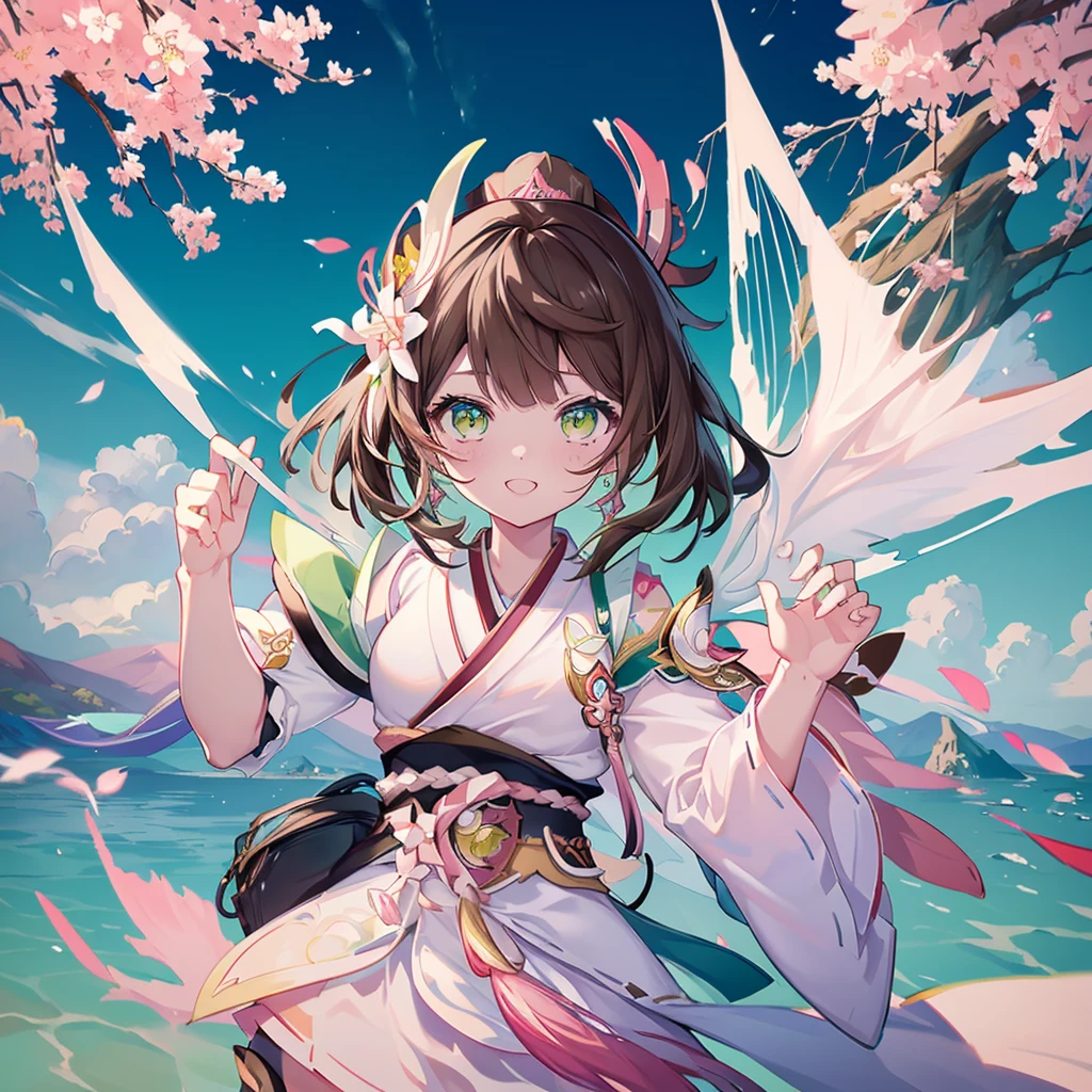 ((Genshin impact style lineart)) (masterpiece), (high quality), 1 girl, 16 years, female and curvy body, white skin, freckles, ((long, and wavy DARK-BROWN HAIR)), ((green and bright eyes)), she has a cheerful, kind and sweet expression, pink lips with a big smile, designs from East Asian, Game character costume design, Japanese clothing style with a green and light pink color palette, Japanese hair accessories, ((White background, sakura, cute and colorful pink details)), ((portrait panting)), intricate details, lens flare,ultra high resolution,sharp focus,HD,8k,clear facial features,clear details,beautiful eyes,beautiful face