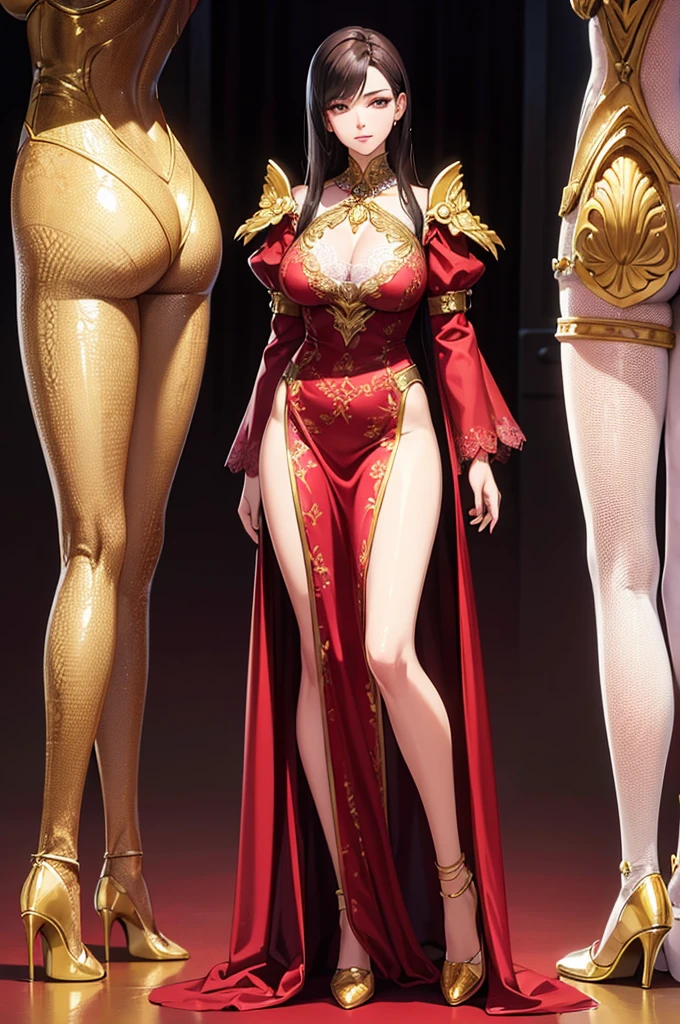 ((work of art, highest quallity)), face detailed, character design sheet ,lesbian full body, full of detail, Various poses and expressions, highy detailed, DeepL, Many parts ,beautiful 45 year old woman ,cinematic lighting ,with light shining ,red and gold ,Phoenix Decoration ,light yarn ,lace ,meia-calça de lace ,high-heels