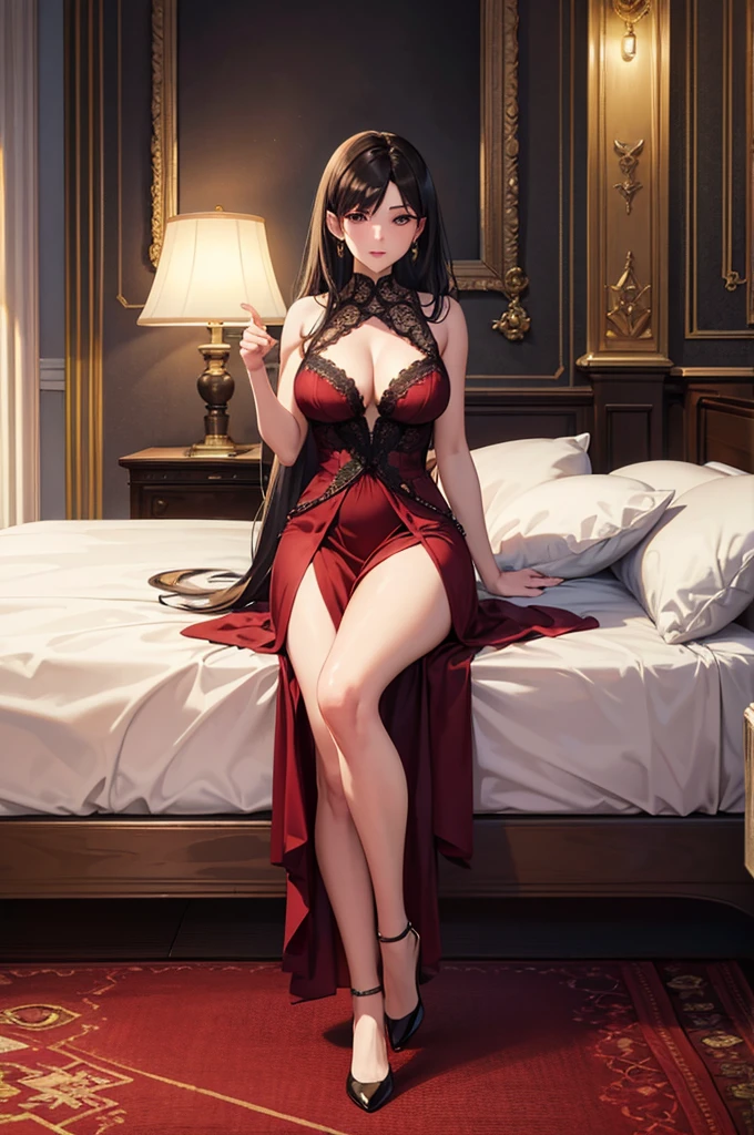 ((work of art, highest quallity)), face detailed, character design sheet , full body, full of detail, Various poses and expressions, highy detailed, DeepL, Many parts ,beautiful 45 year old woman ,cinematic lighting ,with light shining ,red and gold ,Phoenix Decoration ,light yarn ,lace ,meia-calça de lace ,high-heels