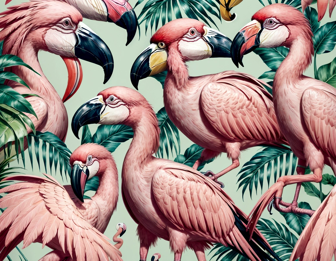 Create a print with a repeating pink flamingo pattern, toucans and colorful macaws, on a tropical background