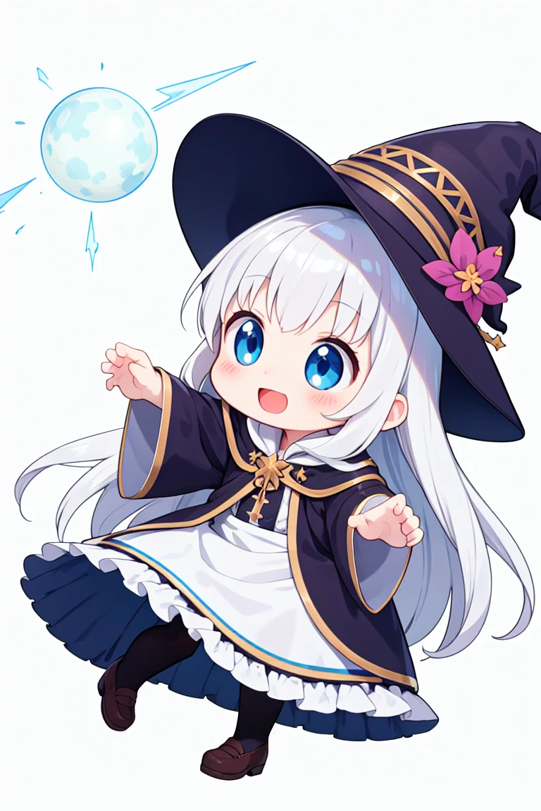 chibi, flat color, solo, full body, ((five fingers)), cute, (highest quality), blue eye, long hair, white hair, wavy hair, white wizard frilled dress, witch hat, Beam with laughter, open mouth, looks fun, ((white background)), (masterpiece)