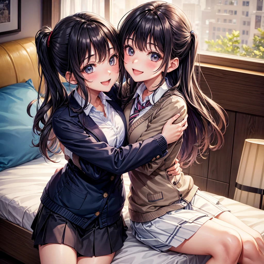 best quality，8K，smile，cardigan，uniform，blazer，いuniform，cardigan，Girls hugging each other，bed，Boyfriend&#39;s house，Evolution Fashion，future fashion，blazer，ribbon on uniform，mini skirt，high school girl，multiple girls are depicted，harem，idol group，photo shoot，long hair，wearing a cardigan，highest quality，big breasts，happy girl,horny girl，pink eyes，perfect face，standing position，I have my hands in my pockets，letting down one&#39;s Bangs，beautiful eyes,gym,girls hugging each other,smooth hair，multicolored hair colors，naughty girl，beautiful girl，beautiful girl，loose socks