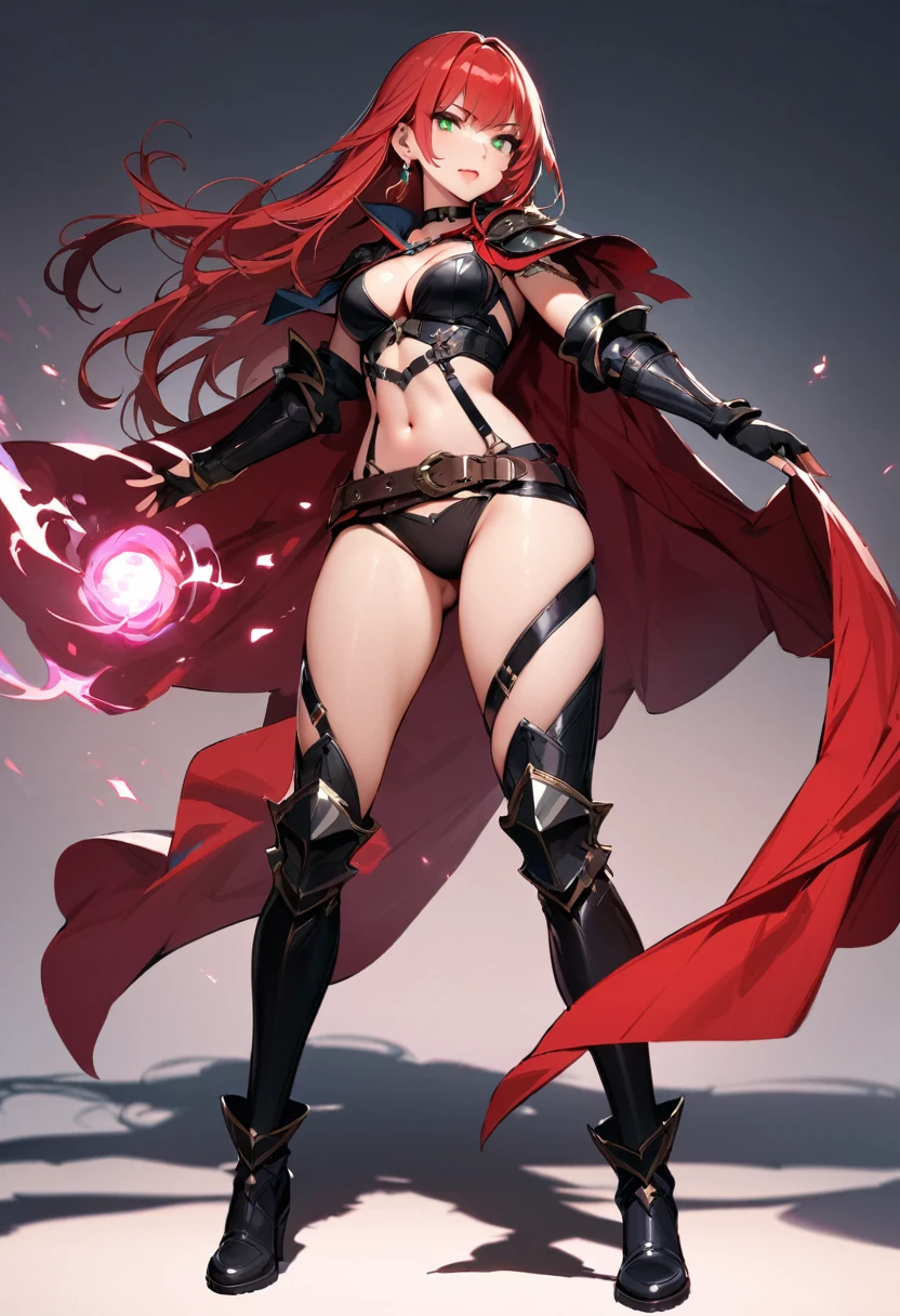 (masterpiece:1.2), (highest quality:1.2), 1girl, solo, red-hair, red-cape, breasts, green-eyes, long-hair, cape, navel, looking-at-viewer, jewelry, earring, belt, choker, gloves, magic, standing, ass-visible-through-thighs, boots, cleavage, closed-mouth, midriff, collarbone, red-lips, medium-breasts, legs-apart, makeup, thighs, full-body, simple-background, lipstick, revealing-clothes, black-choker, fingerless-gloves, black-gloves, waist-cape, shadow, lips, stomach, bangs, black-footwear, panties, armor, black-panties