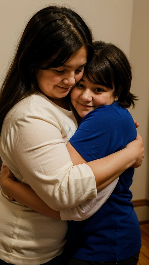 Fat granddaughter hugging her fat grandmother, with a brave face