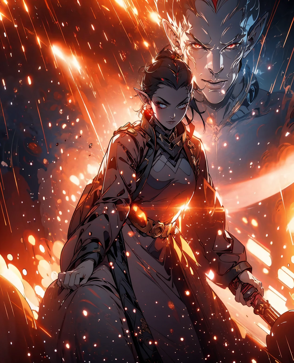 a devilish woman with black hair, pale skin, and red eyes, wearing an elf-like costume, in a dark and mysterious setting,