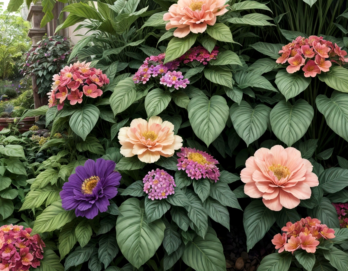 Design a shirt print with detailed flowers and lush foliage, creating a vibrant botanical garden