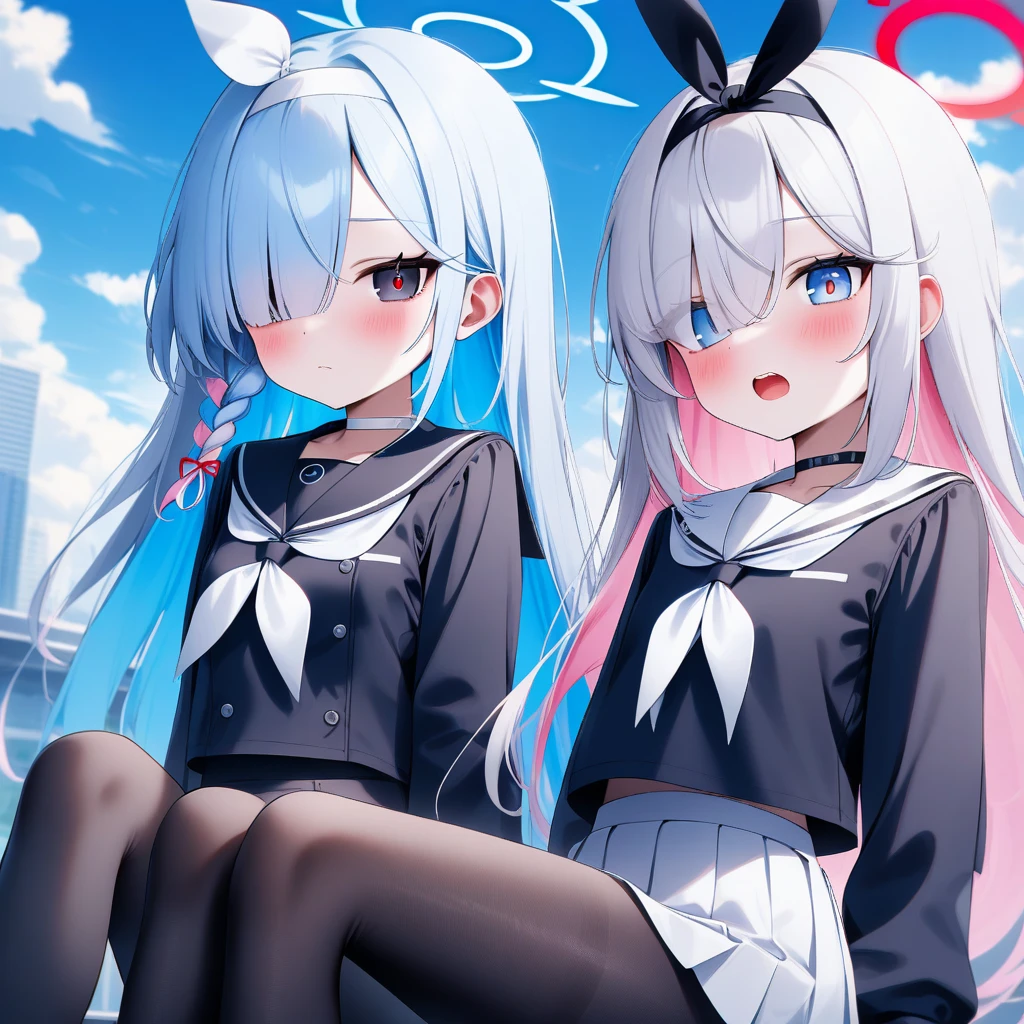 blue archive, arona (blue archive), plana (blue archive), 2girls, black choker, black coat, black eyes, black hairband, black pantyhose, black sailor collar, black serafuku, black shirt, black skirt, blue eyes, blue hair, blue halo, blue pupils, blue shirt, blue sky, blush, bow hairband, braid, breasts, buttoned cuffs, buttons, choker, closed mouth, cloud, coat, colored inner hair, day, film grain, hair over one eye, hair ribbon, hairband, halo, light blue hair, long hair, long sleeves, looking at viewer, miniskirt, multicolored hair, multiple girls, neckerchief, open mouth, outdoors, pantyhose, pink hair, pleated skirt, puffy long sleeves, puffy sleeves, red halo, red pupils, ribbon, sailor collar, sailor shirt, , serafuku, shirt, short hair, side braid, single braid, sitting, skirt, sky, small breasts, sunglasses, teeth, thighs, two-tone hair, upper teeth only, white choker, white hair, white hairband, white neckerchief, white ribbon, white sailor collar, white skirt