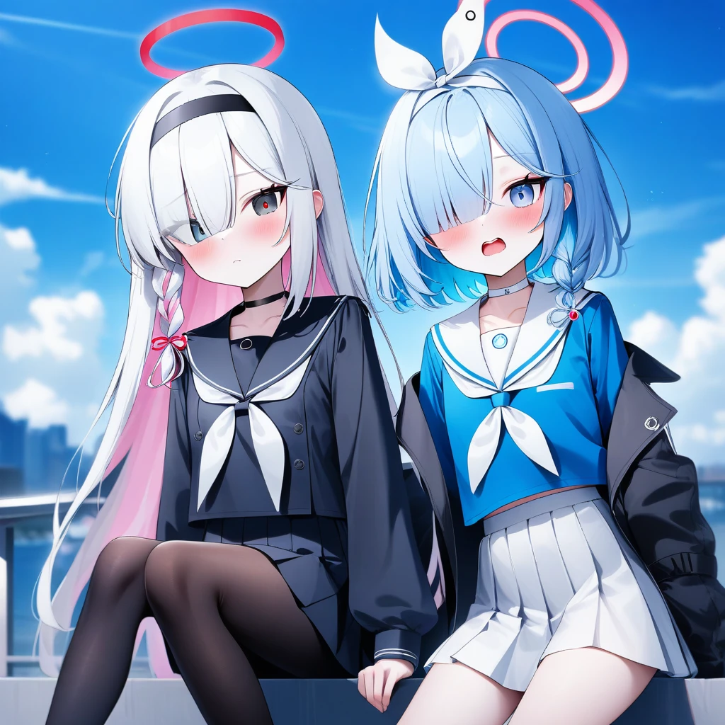 blue archive, arona (blue archive), plana (blue archive), 2girls, black choker, black coat, black eyes, black hairband, black pantyhose, black sailor collar, black serafuku, black shirt, black skirt, blue eyes, blue hair, blue halo, blue pupils, blue shirt, blue sky, blush, bow hairband, braid, breasts, buttoned cuffs, buttons, choker, closed mouth, cloud, coat, colored inner hair, day, film grain, hair over one eye, hair ribbon, hairband, halo, light blue hair, long hair, long sleeves, looking at viewer, miniskirt, multicolored hair, multiple girls, neckerchief, open mouth, outdoors, pantyhose, pink hair, pleated skirt, puffy long sleeves, puffy sleeves, red halo, red pupils, ribbon, sailor collar, sailor shirt, , serafuku, shirt, short hair, side braid, single braid, sitting, skirt, sky, small breasts, sunglasses, teeth, thighs, two-tone hair, upper teeth only, white choker, white hair, white hairband, white neckerchief, white ribbon, white sailor collar, white skirt