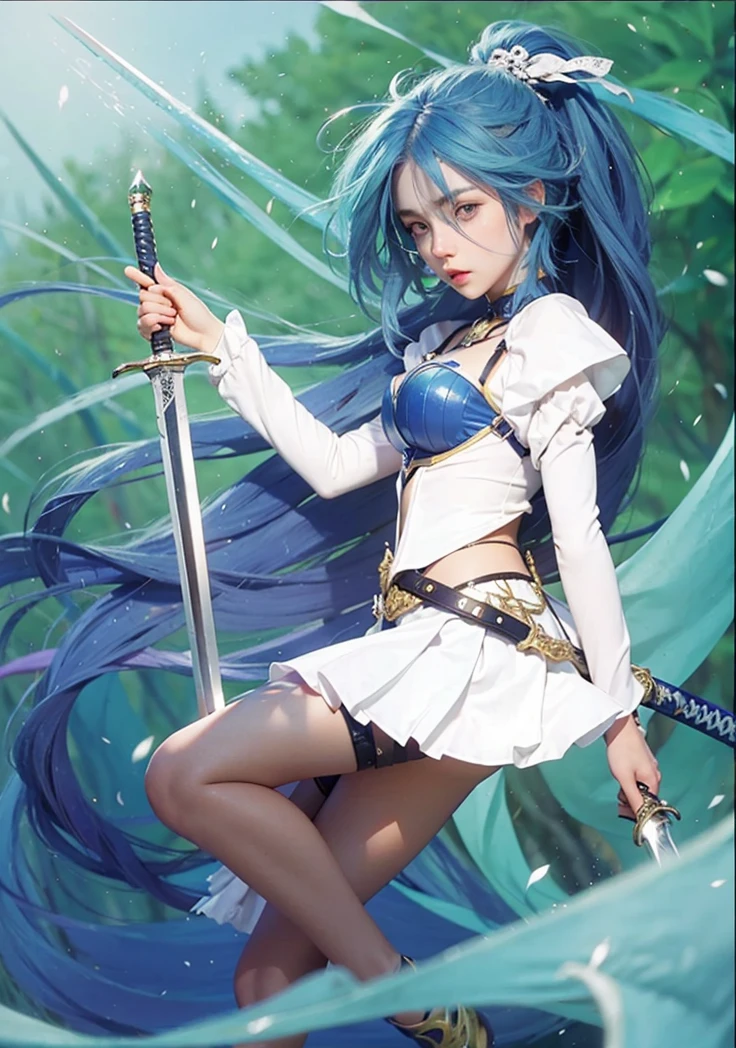 1girl, eilish, blue hair, realistic, sword