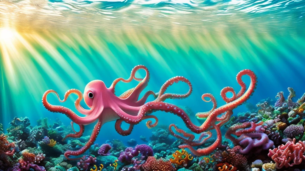 (Highest quality,4K,8K,High resolution,masterpiece:1.2),(octopus:1.3),Super detailed,Realistic:1.37,Vibrant colors,Underwater Scene,Beautiful and elaborate coral reefs,The bright sun illuminates the clear blue sea,octopus,Abundant marine life,Colorful exotic tropical fish,The gentle movement of seaweed,Crystal clear visibility,Ethereal atmosphere,Peace and tranquility,Soft natural light,Skillfully painted like an oil painting,Subtle rays of sunlight reflecting off the ocean floor,Peace and tranquility,Great beauty,Fascinating水中の楽園,Unimaginable richness and diversity,A variety of textures and patterns,A seamless blend of color and shape,Impressive biodiversity,Attention to detail,細心の注意を払って作られた水中のmasterpiece,Perfect clarity,Fascinating，Fascinating,Photorealistic Rendering,Carefully drawn coral structure,on a whim，dream-like,A gorgeous work of art,Striking realism,Sublime Underwater Ecosystem,Harmony between life and nature.