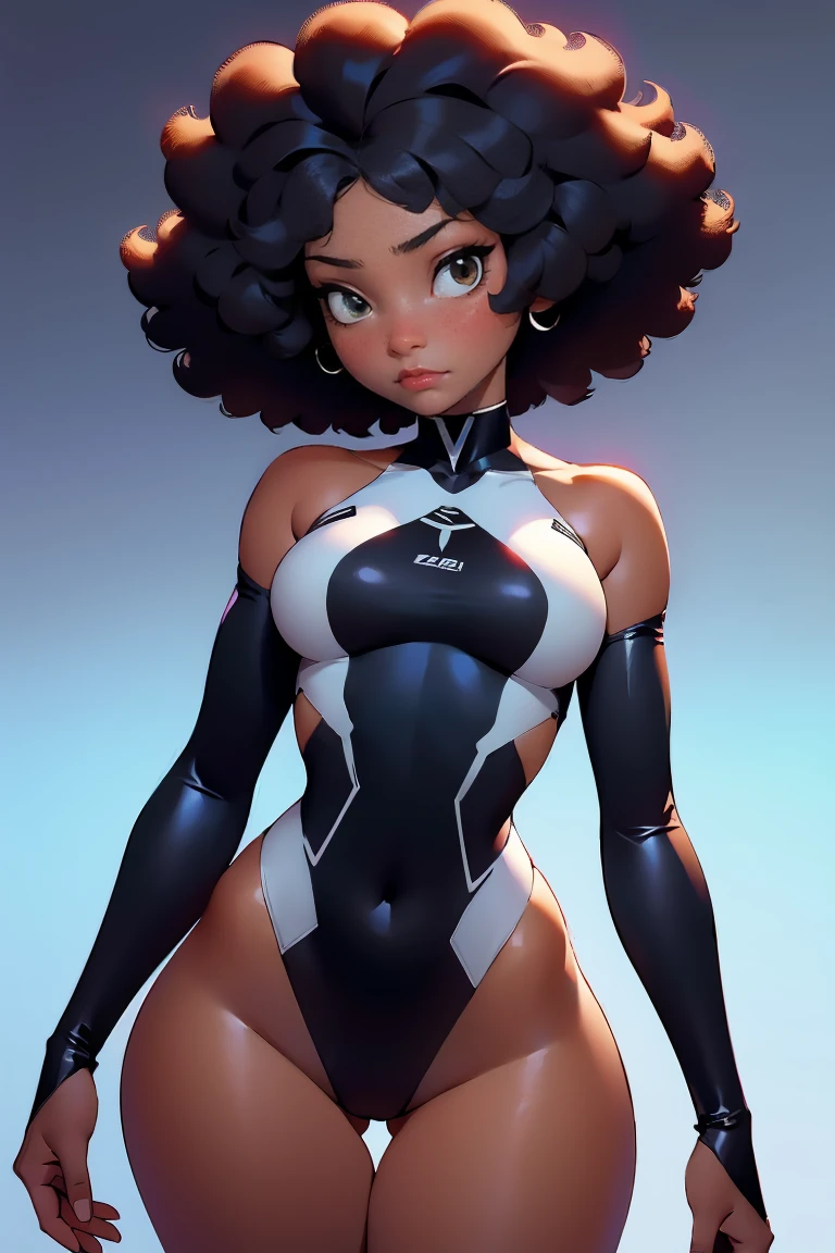 afro american girl, dark skin, afro haircut, 1 girl, solo, (black leotard), medium bust, wide hips
