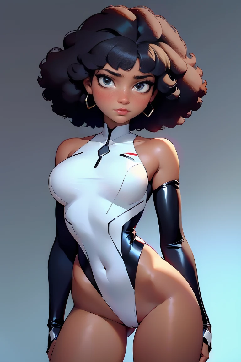 afro american girl, dark skin, afro haircut, 1 girl, solo, (black leotard), medium bust, wide hips
